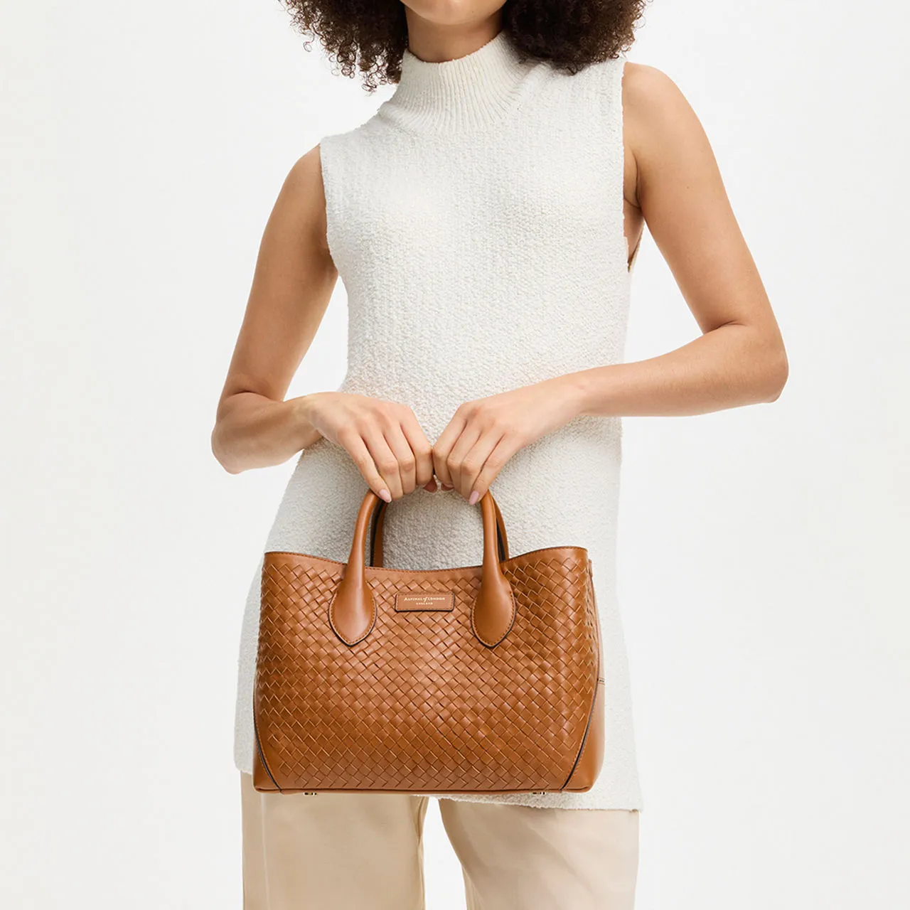 ASPINAL OF LONDON ONLINE EXCLUSIVE London Small Woven Leather Tote Bag - Tan