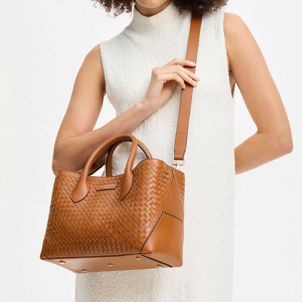 ASPINAL OF LONDON ONLINE EXCLUSIVE London Small Woven Leather Tote Bag - Tan