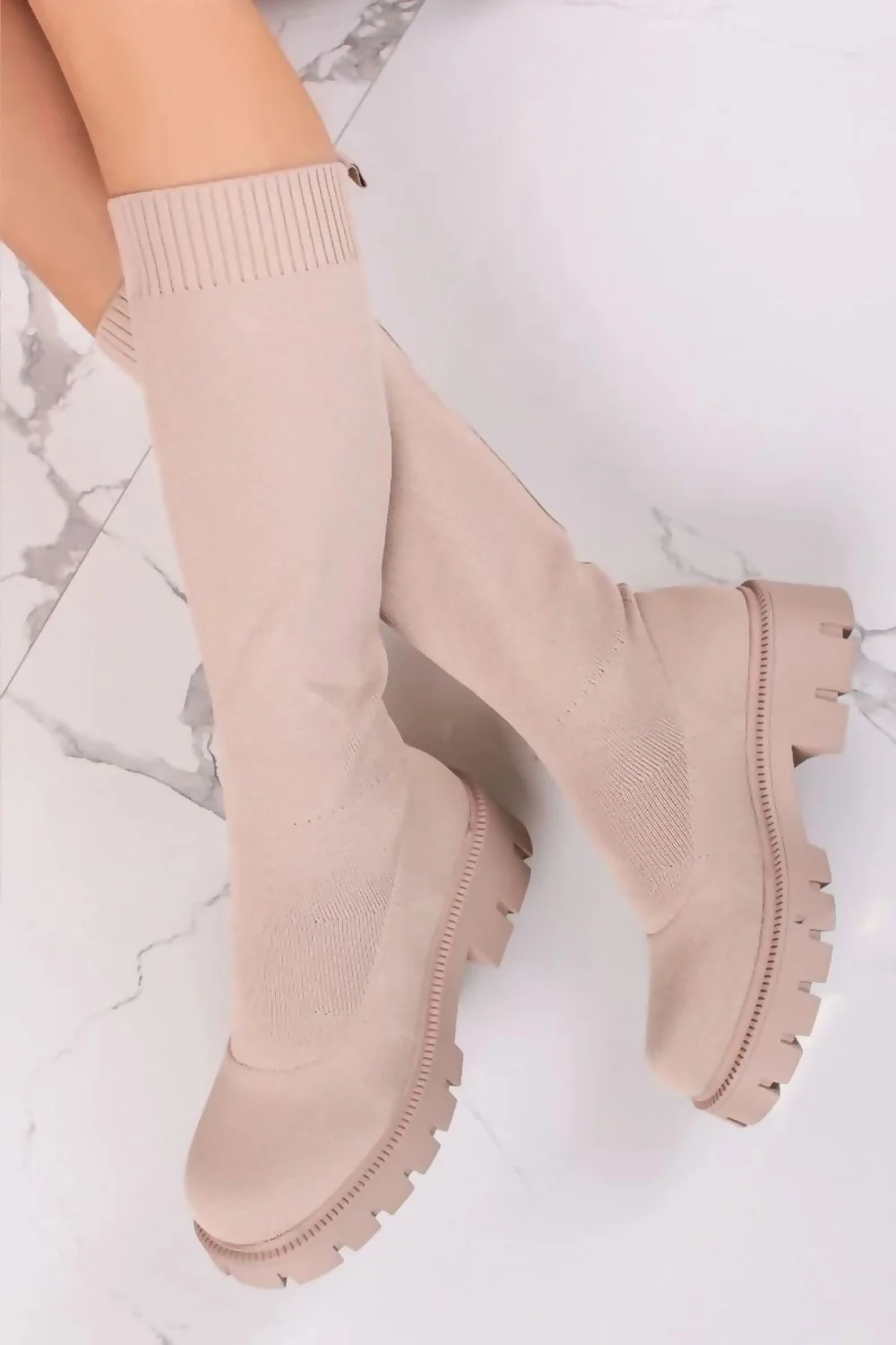 Beige Chunky Sole Sock Boots 