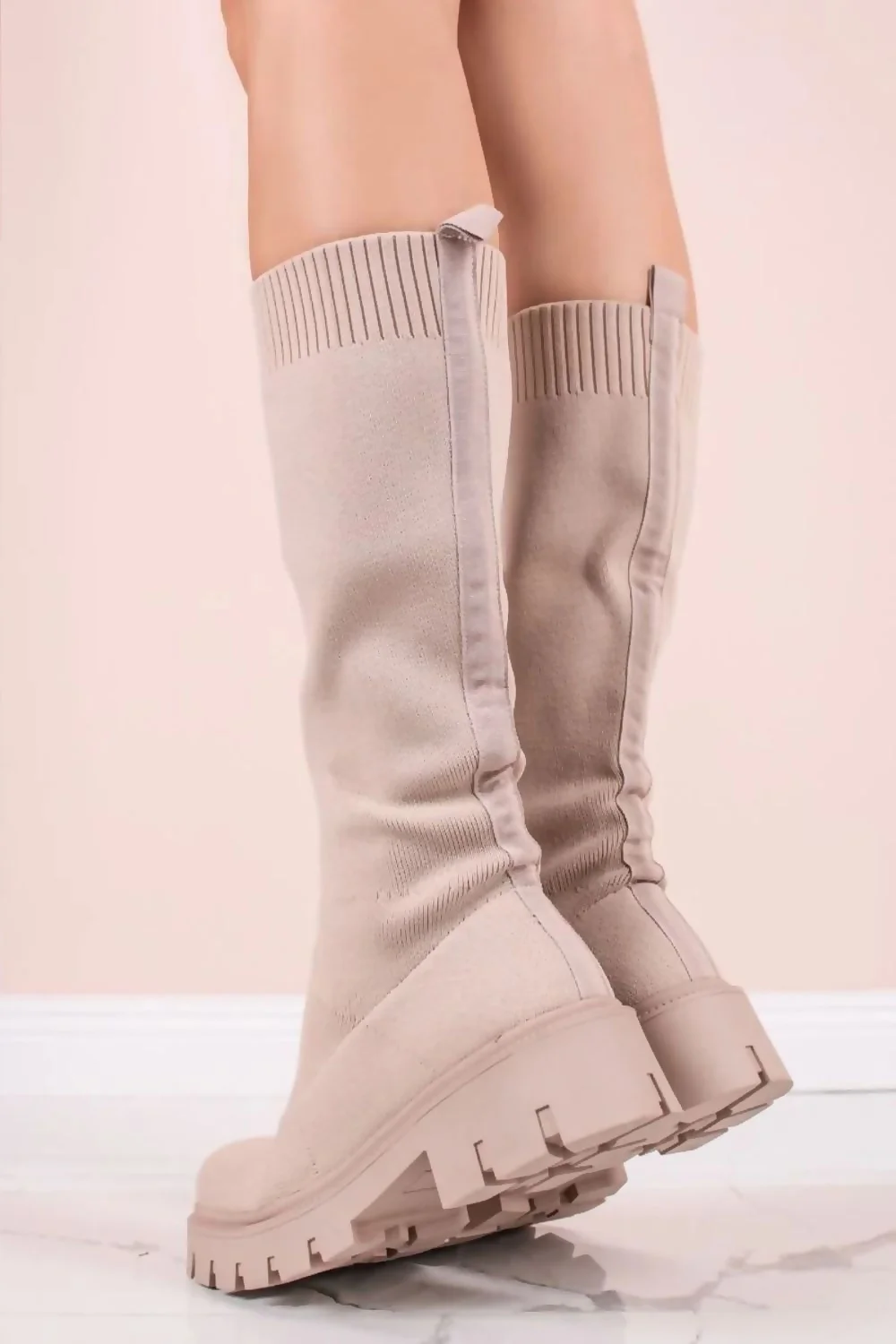 Beige Chunky Sole Sock Boots 