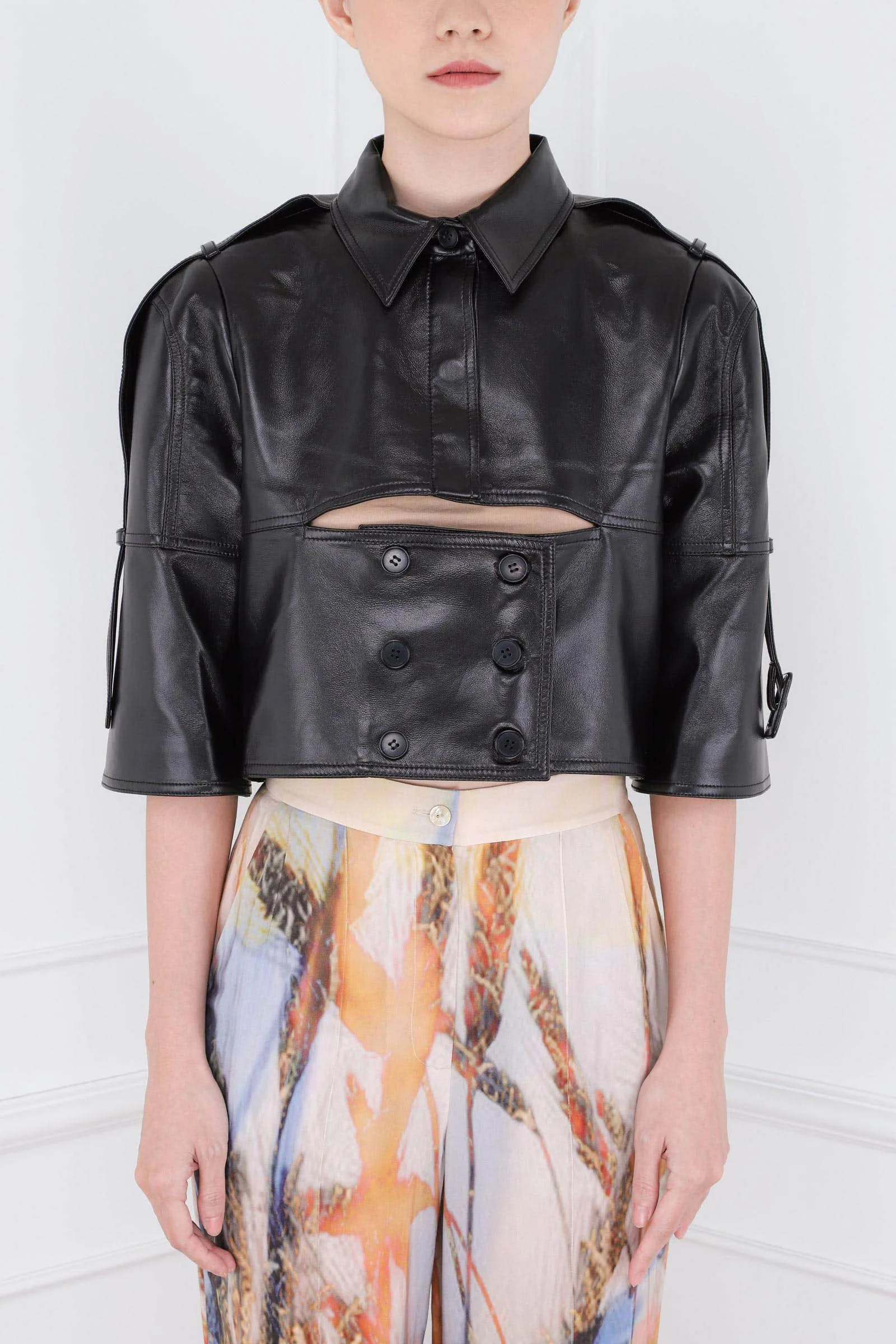 Black Eco Leather Front Cut Mini Jacket