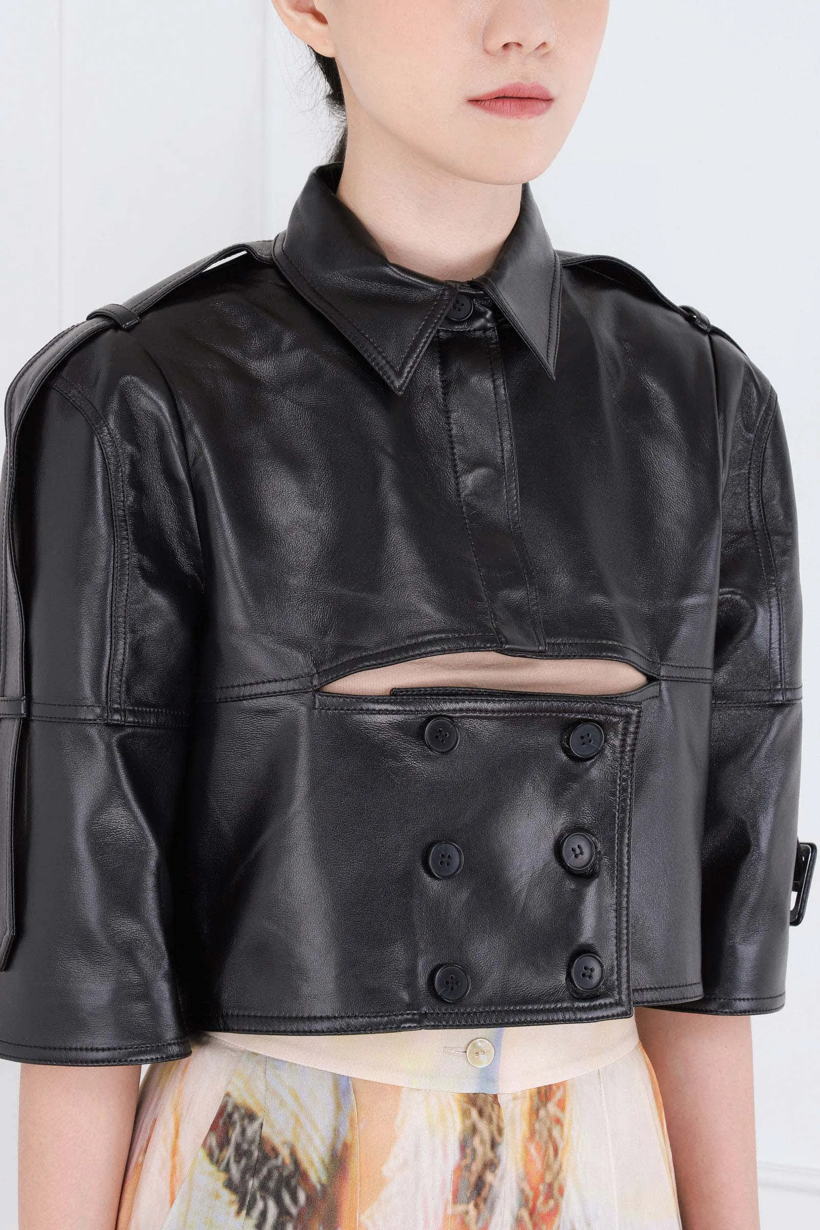 Black Eco Leather Front Cut Mini Jacket