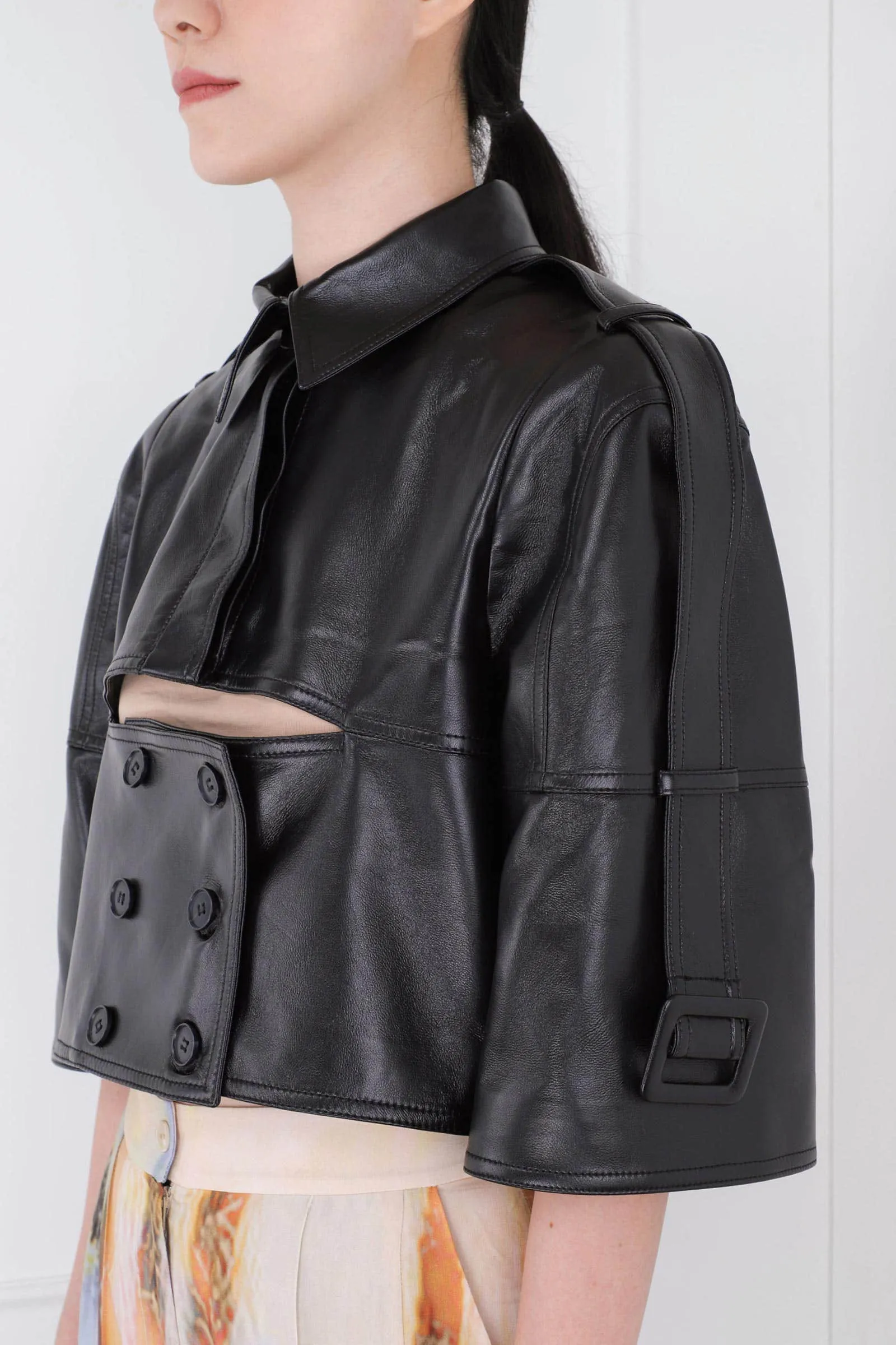 Black Eco Leather Front Cut Mini Jacket