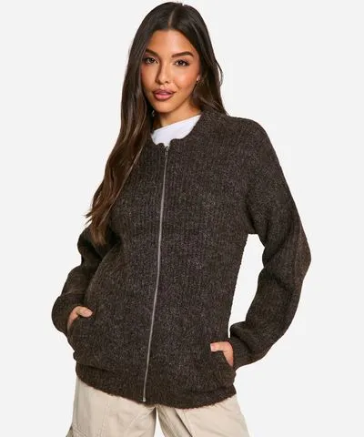 boohoo Womens Oversized Zip Through Knitted Bomber Jacket