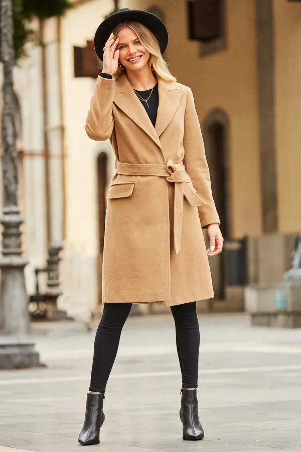 Camel Belted Wool Mix Coat With Pockets