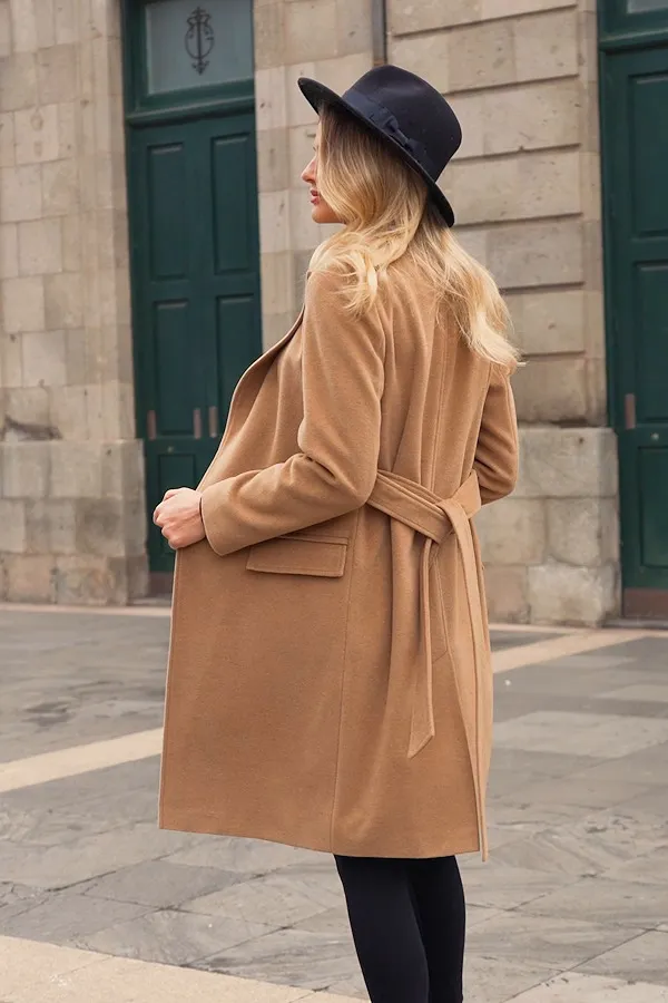 Camel Belted Wool Mix Coat With Pockets