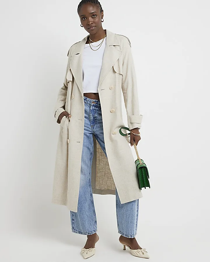 Cream linen blend belted trench coat