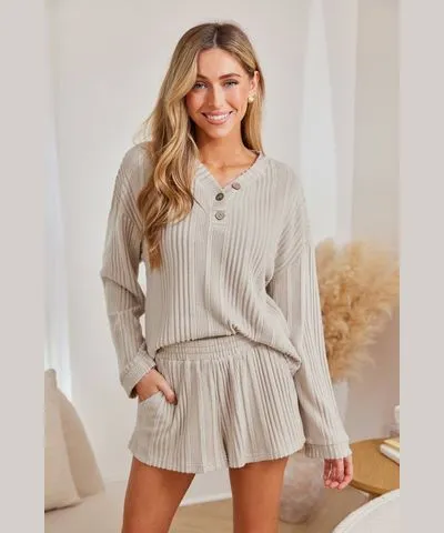 Cupshe Beige Long Sleeve Tee & Shorts Set