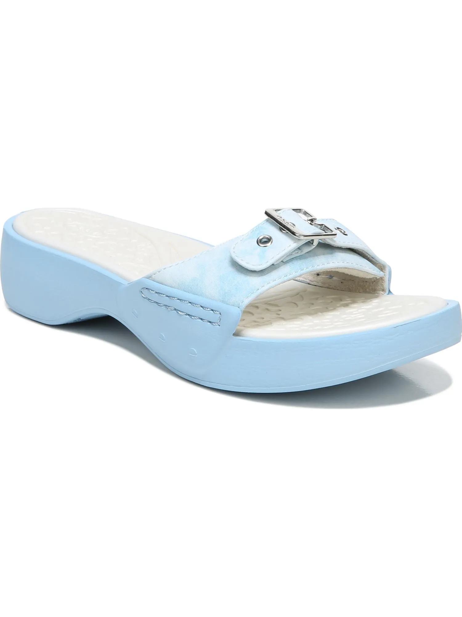 DR SCHOLLS Womens Light Blue Mixed Media 1 Platform Cushioned Rock On Round Toe Wedge Buckle Slide Sandals Shoes M