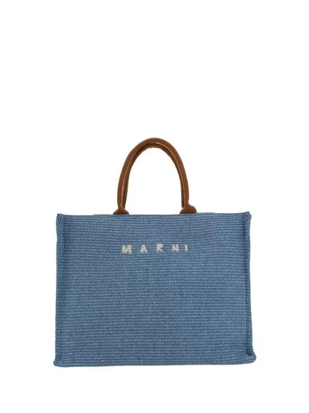 Embroidered Logo Raffia Tote Bag Light Blue