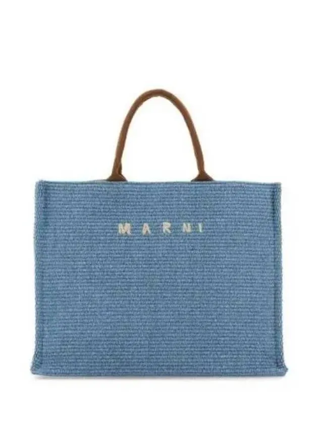 Embroidered Logo Raffia Tote Bag Light Blue