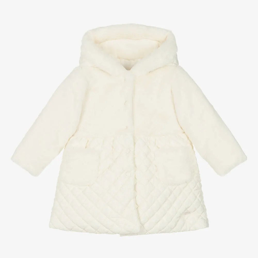 Girls Ivory Quilted Faux Fur Coat