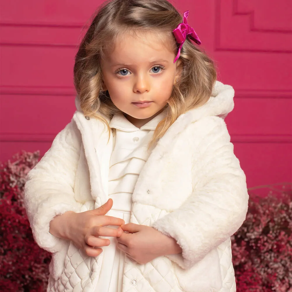 Girls Ivory Quilted Faux Fur Coat