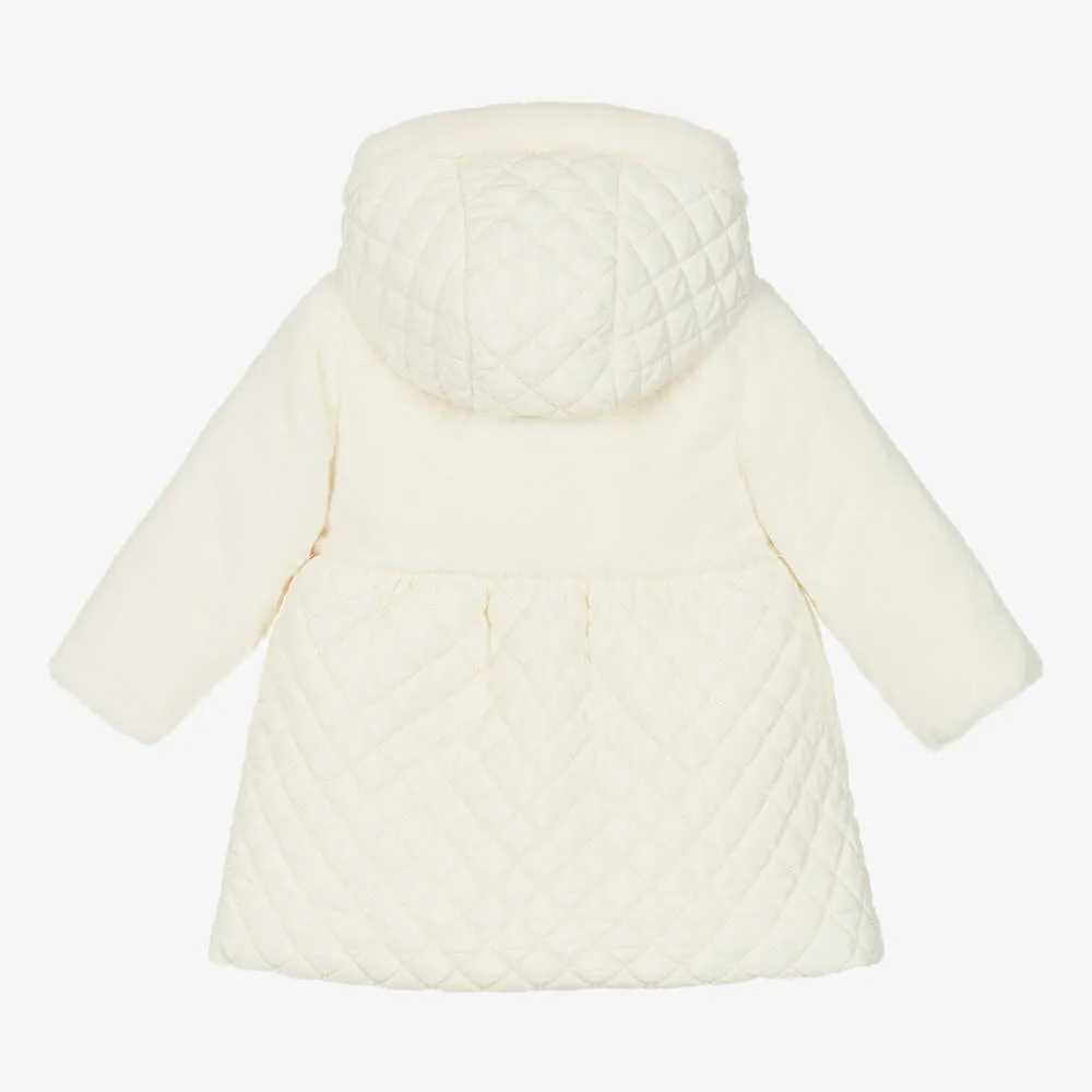 Girls Ivory Quilted Faux Fur Coat