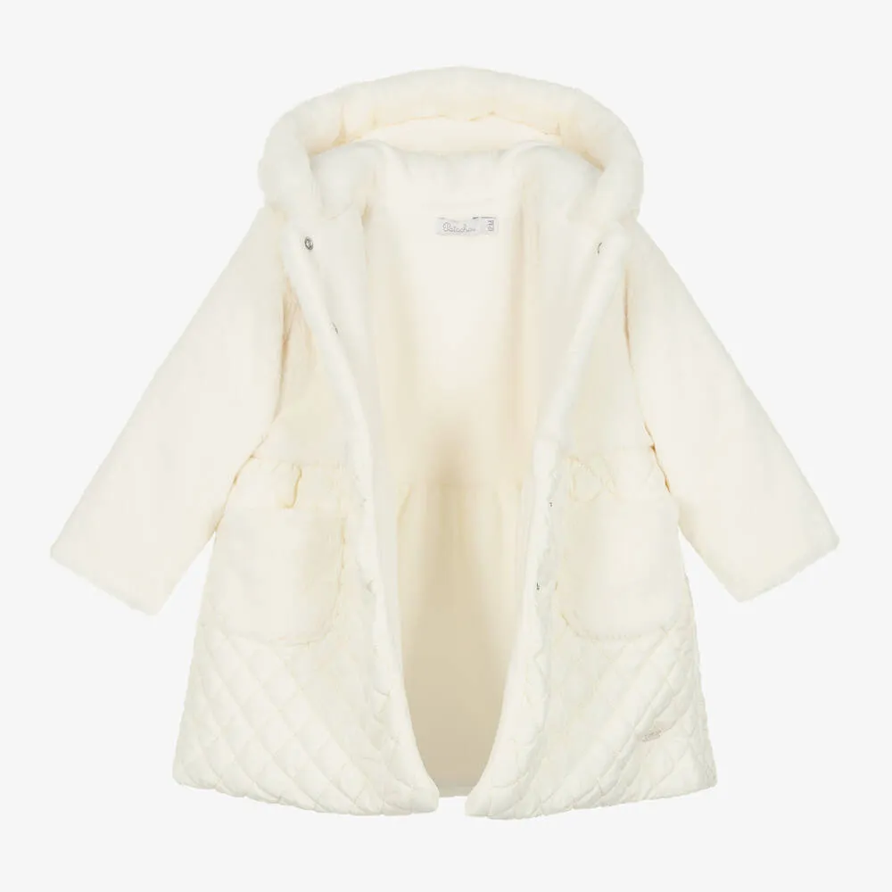 Girls Ivory Quilted Faux Fur Coat