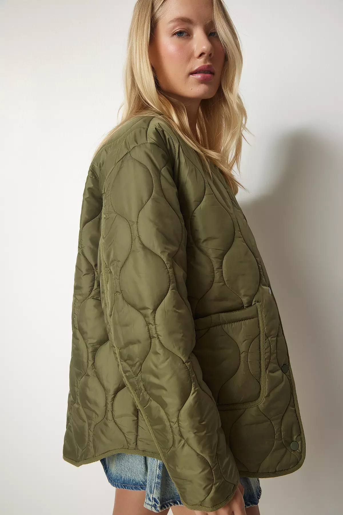 Happiness Istanbul Khaki Pocket Oversized Quilted Coat