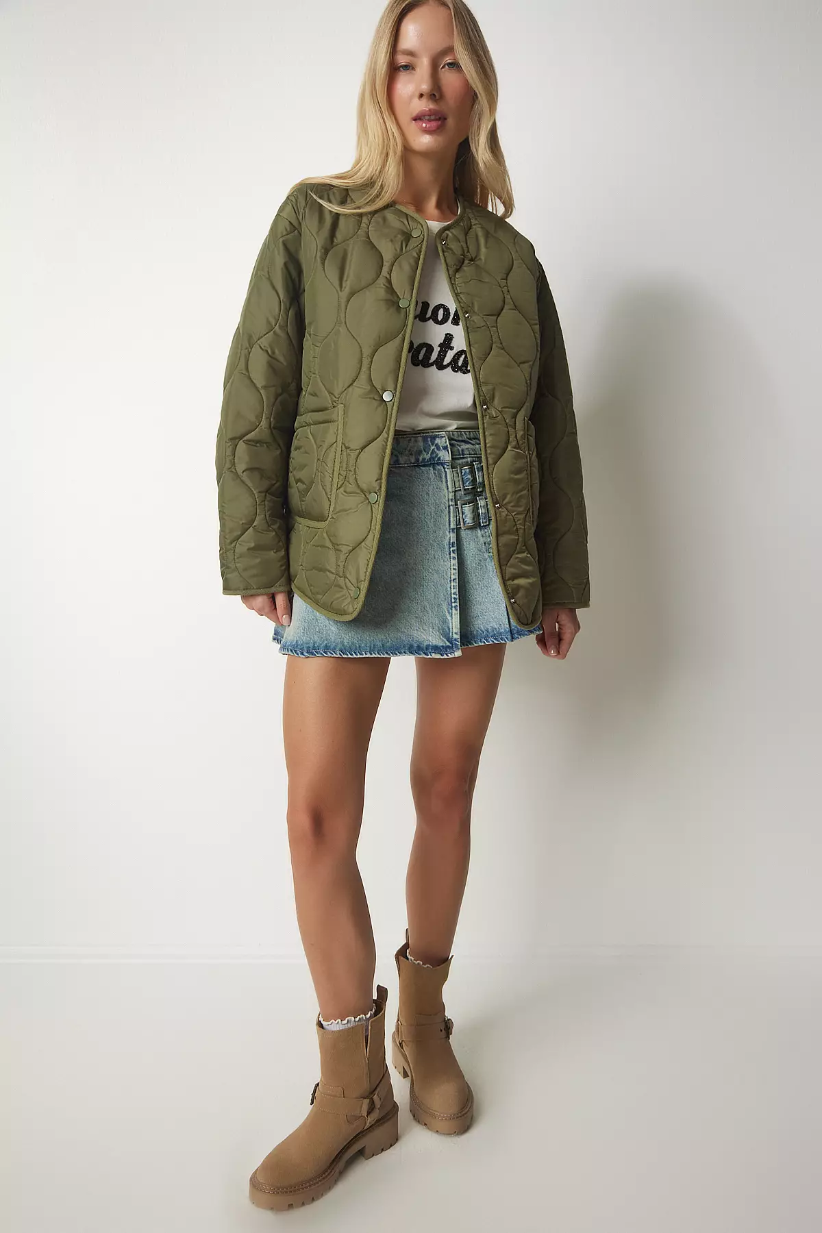 Happiness Istanbul Khaki Pocket Oversized Quilted Coat