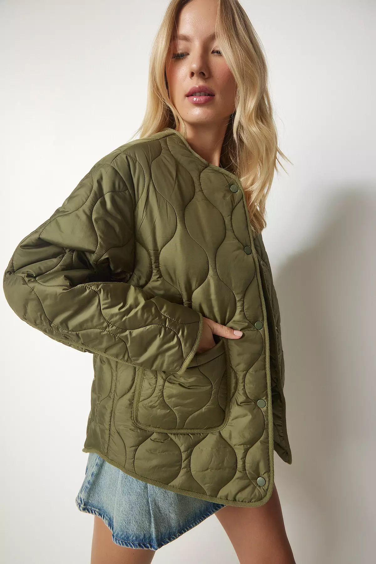 Happiness Istanbul Khaki Pocket Oversized Quilted Coat