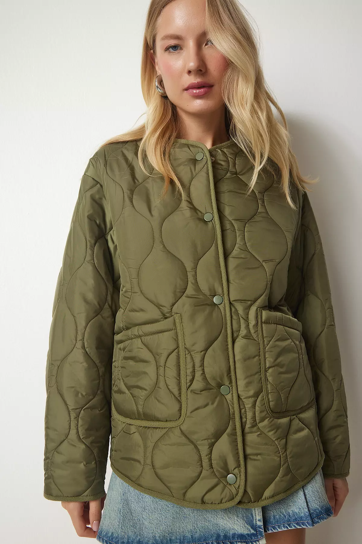 Happiness Istanbul Khaki Pocket Oversized Quilted Coat