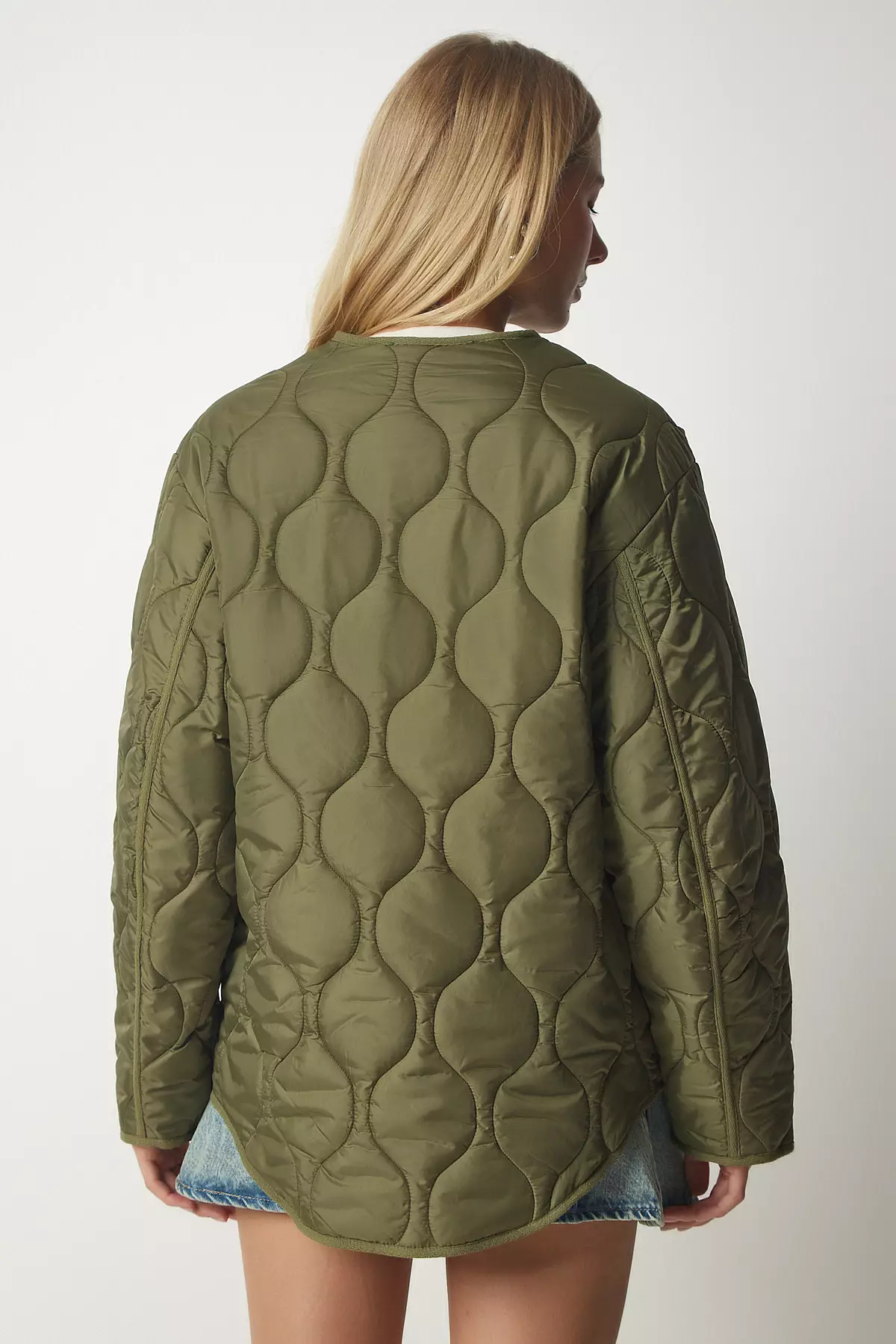 Happiness Istanbul Khaki Pocket Oversized Quilted Coat