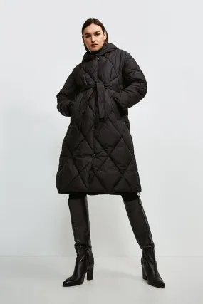 Hooded Longline Quilted Coat | Karen Millen