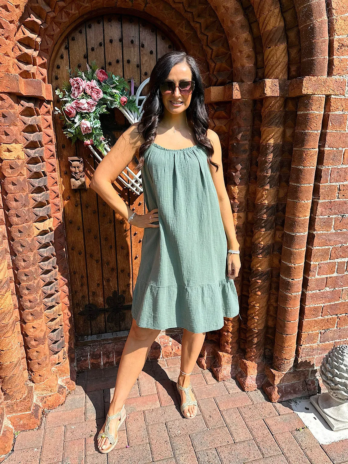 Khaki Strappy Bubble Cotton Dress Isla