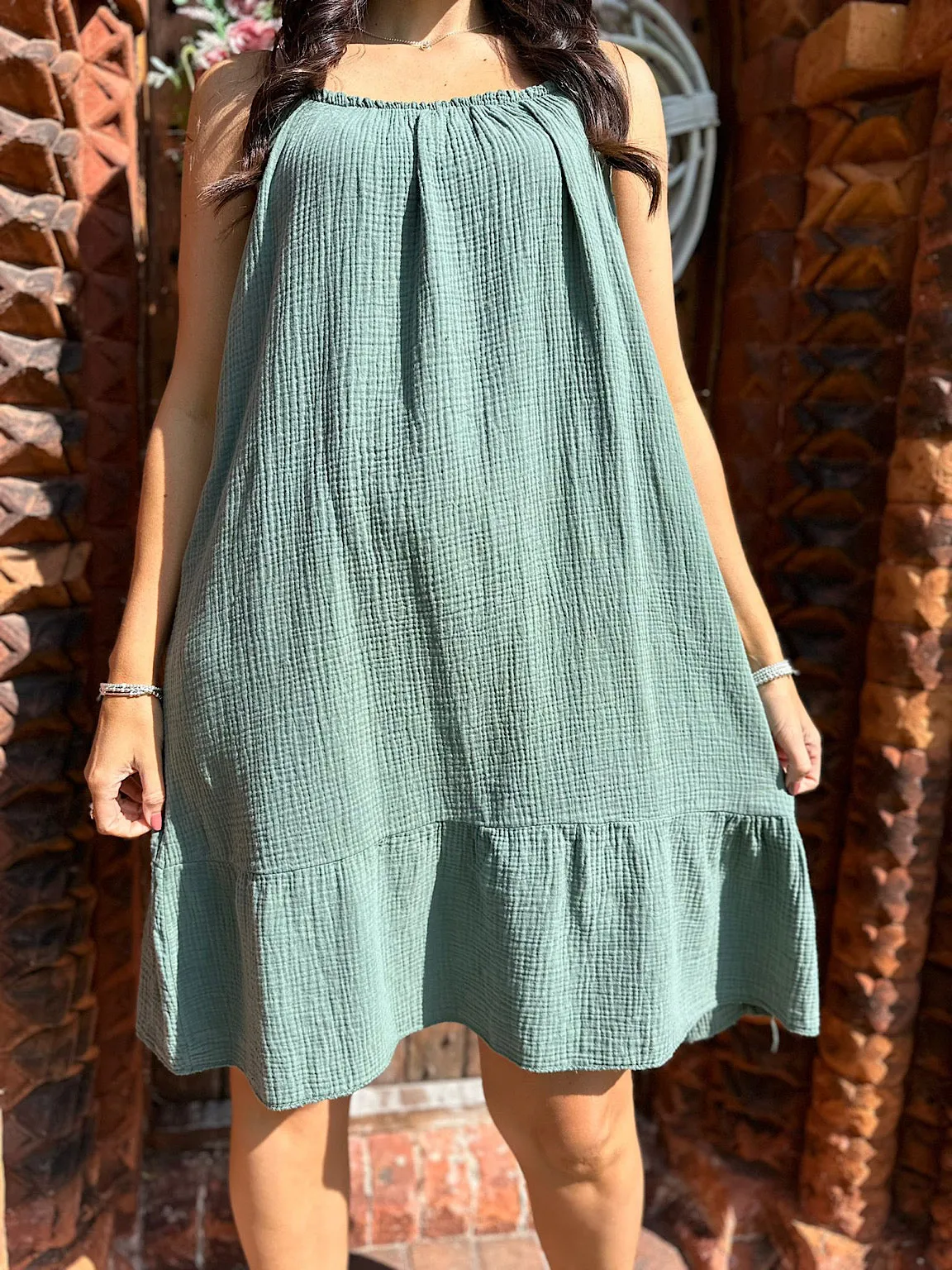 Khaki Strappy Bubble Cotton Dress Isla