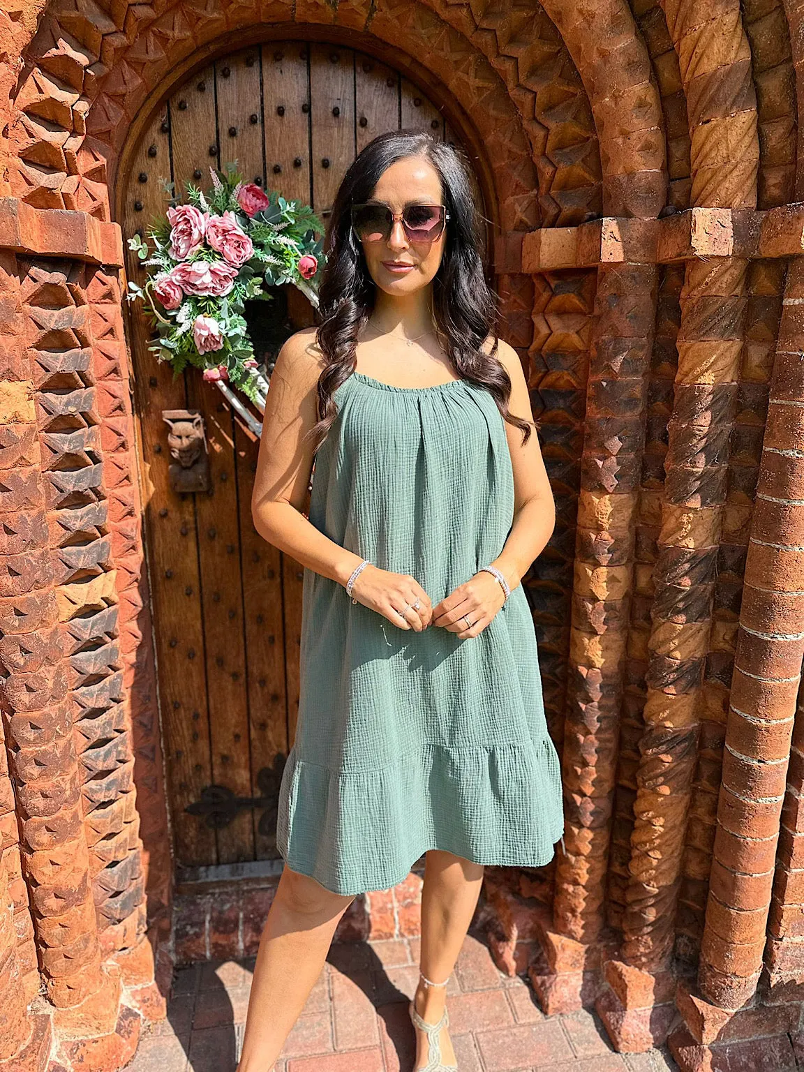 Khaki Strappy Bubble Cotton Dress Isla