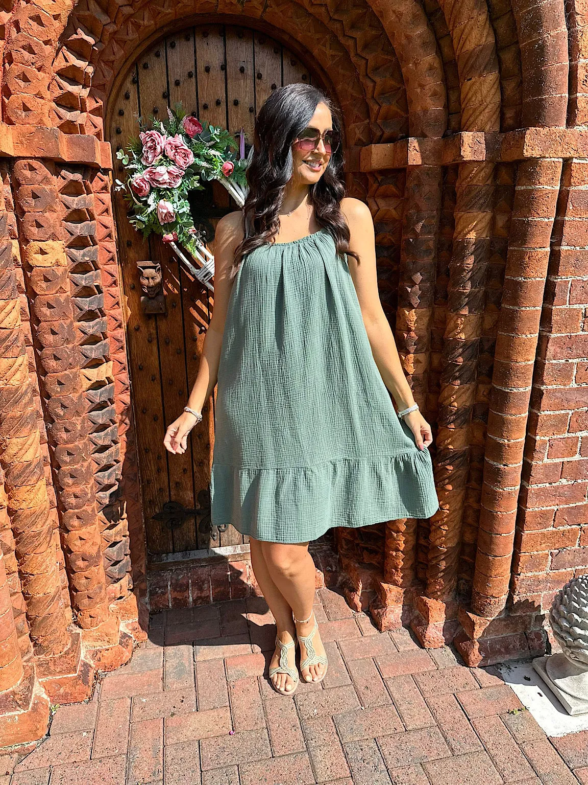 Khaki Strappy Bubble Cotton Dress Isla