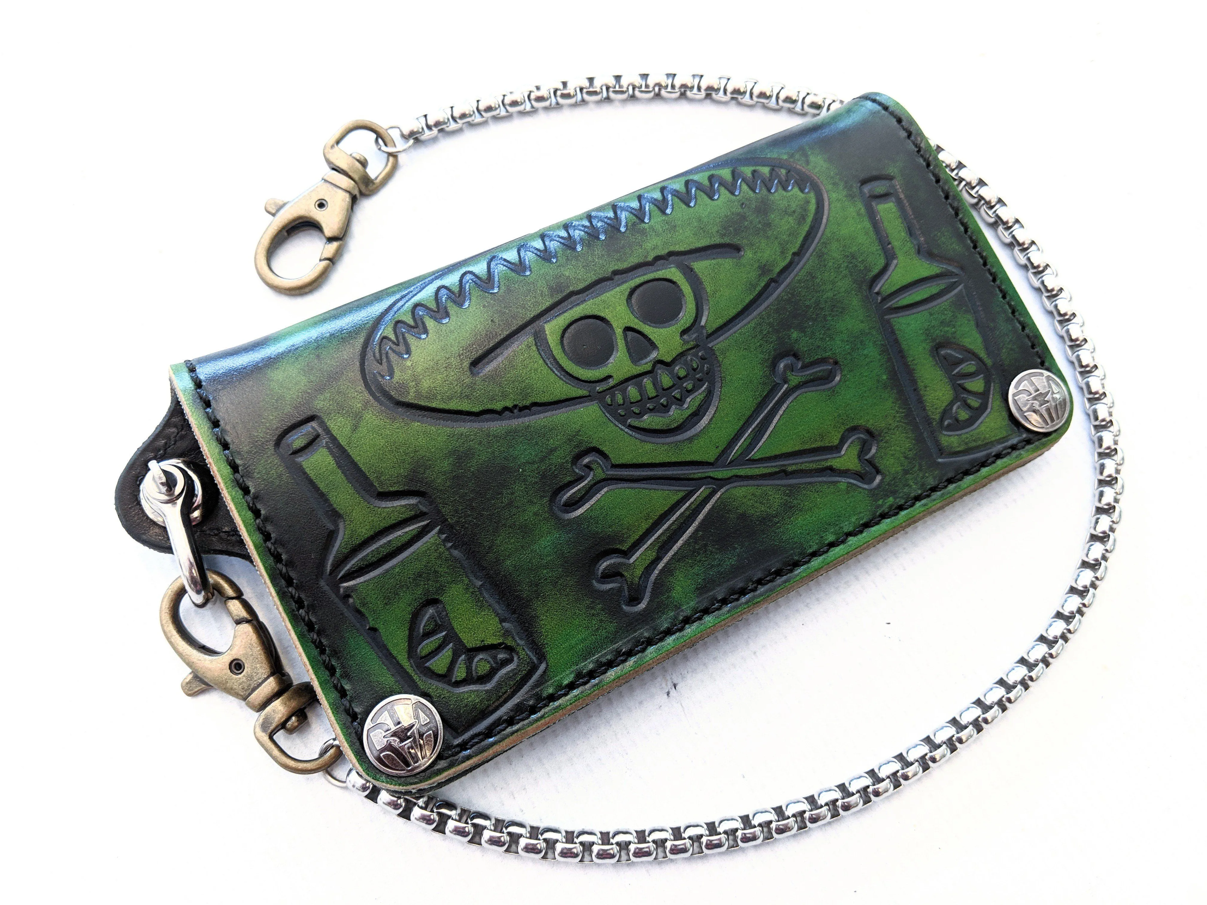 Long Biker Leather Chain Wallet - Verde