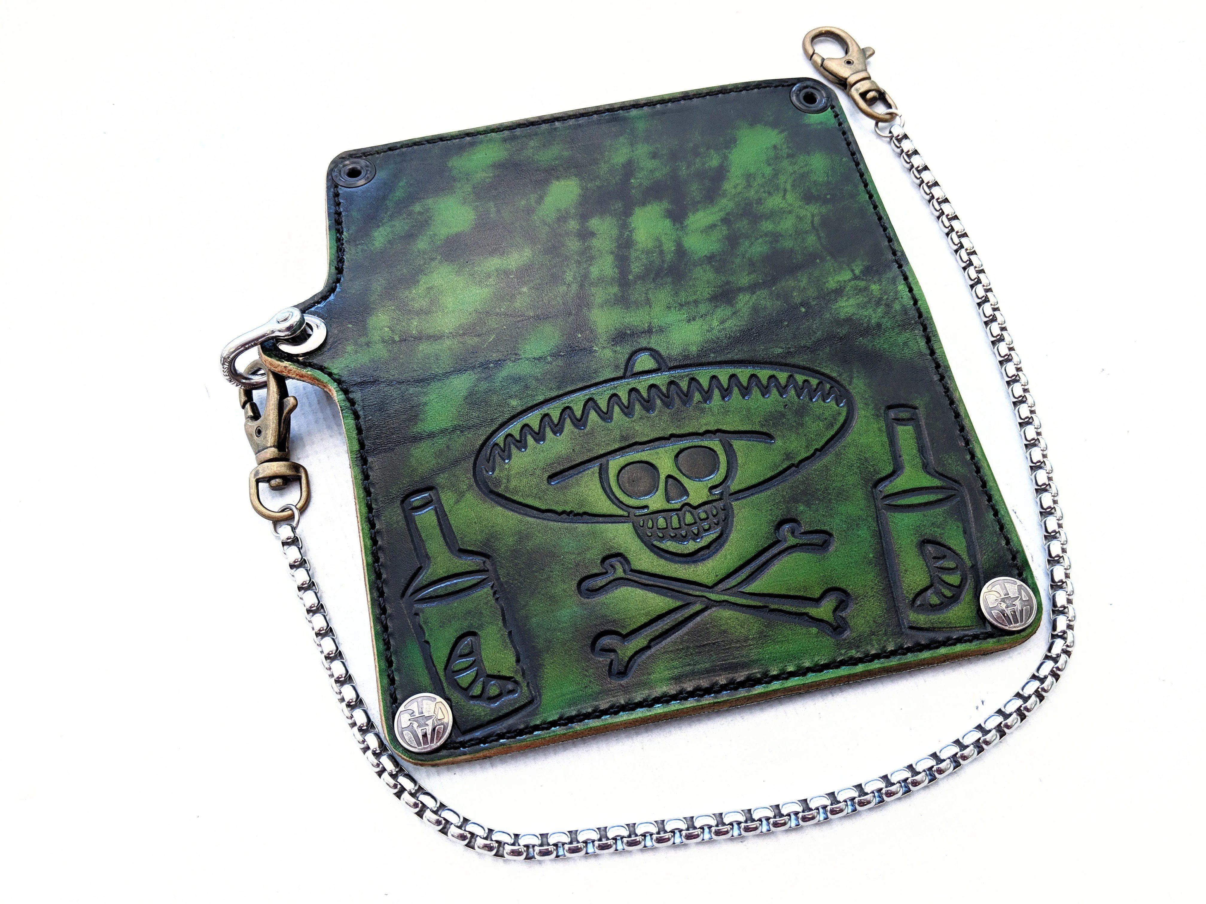 Long Biker Leather Chain Wallet - Verde