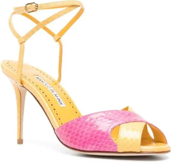 Manolo Blahnik Mumbi 95mm snakeskin-effect leather sandals Yellow