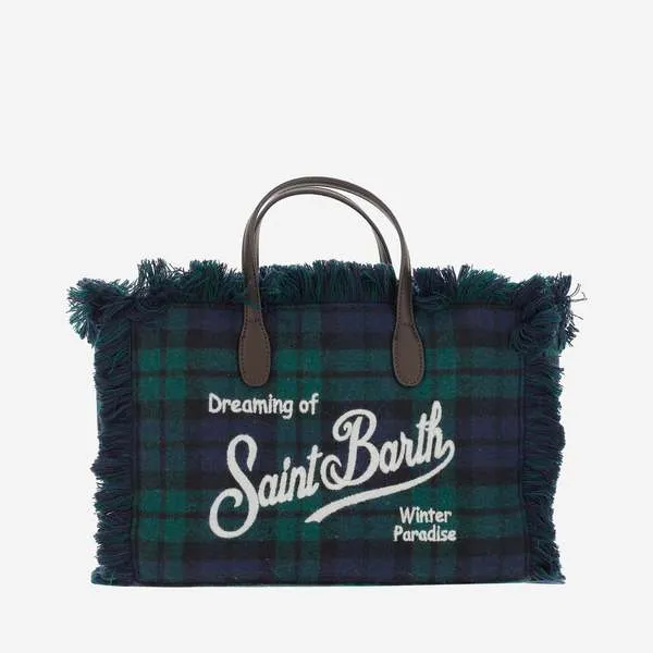 MC2 St. Barth Wool Leather Tote Handbag - Blue/Green Check