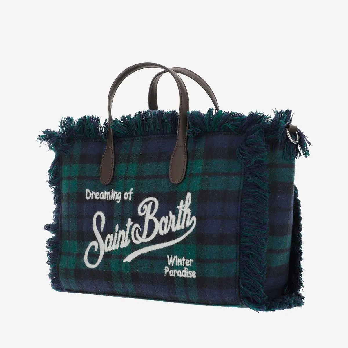 MC2 St. Barth Wool Leather Tote Handbag - Blue/Green Check