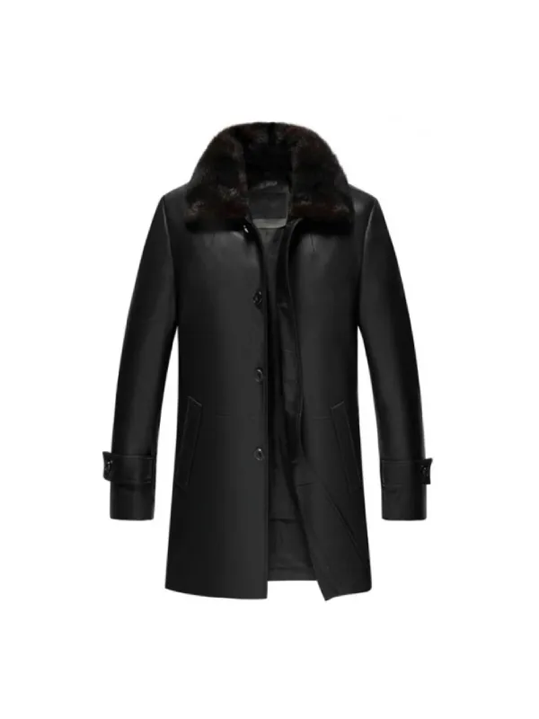 Mens Black Leather Fur Collar Coat