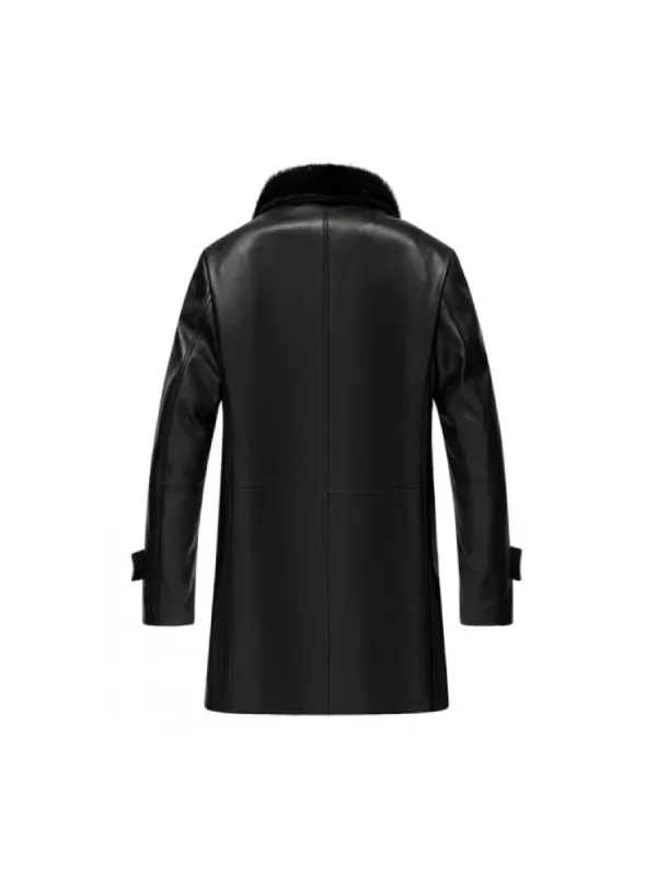 Mens Black Leather Fur Collar Coat