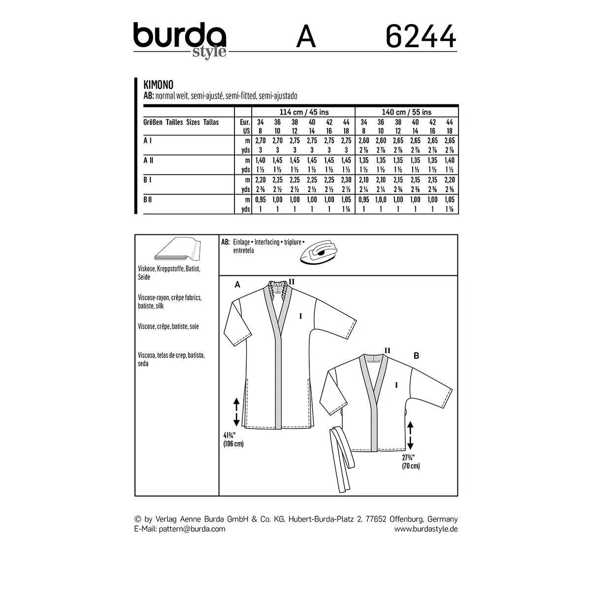 Misses Kimono Coat Burda Sewing Pattern 6244