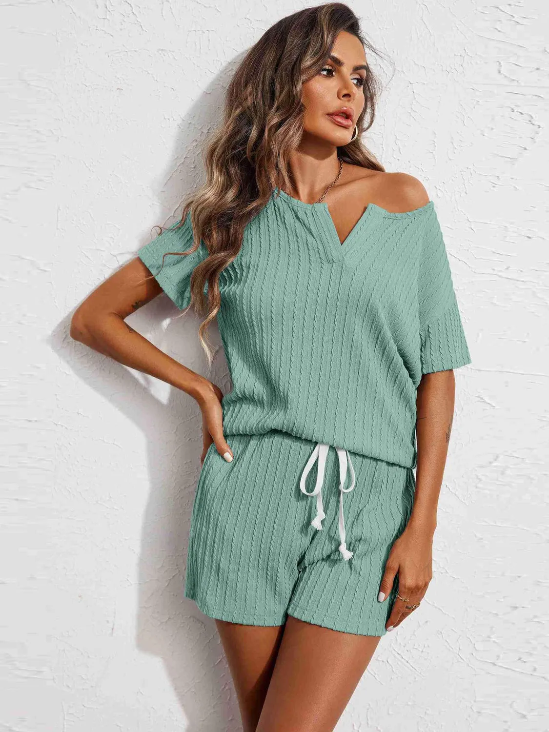 Notched Short Sleeve Top and Shorts Set - Ships 7/25