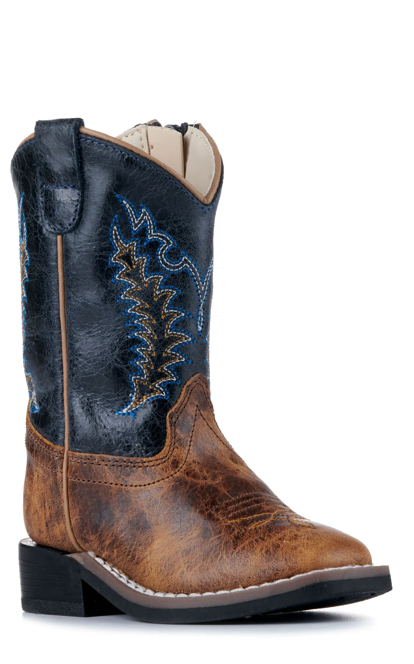 Old West Toddler Burnt Tan and Navy Blue Wide Square Toe Cowboy Boots