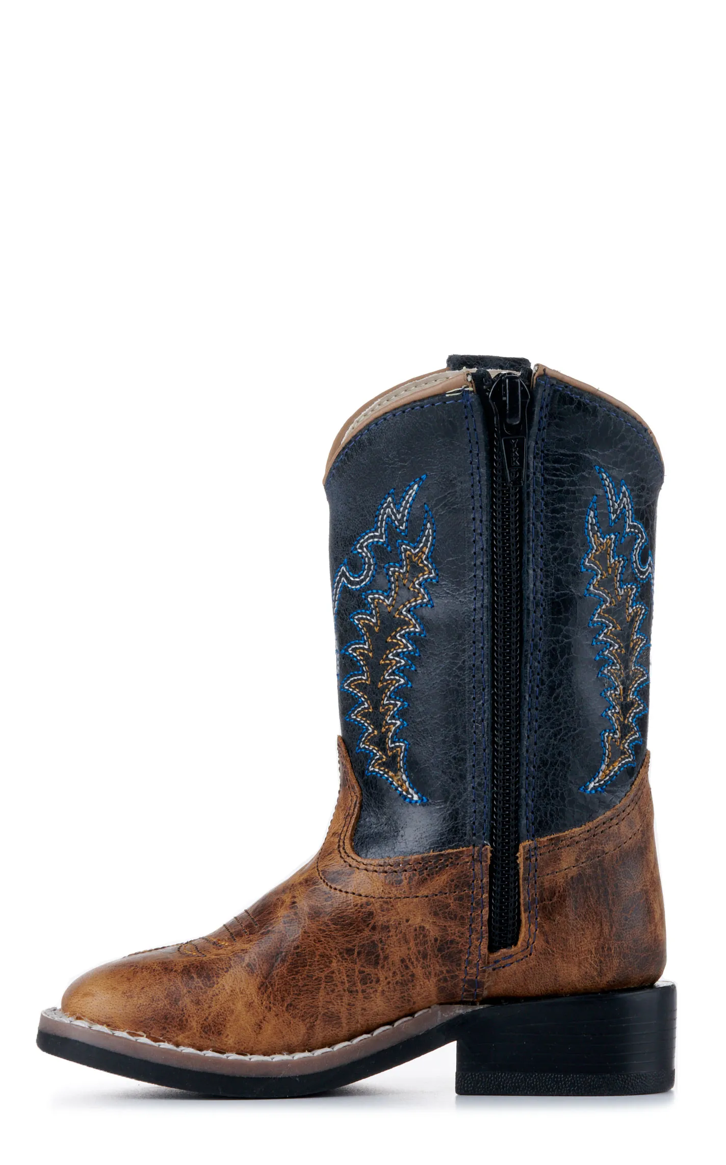 Old West Toddler Burnt Tan and Navy Blue Wide Square Toe Cowboy Boots