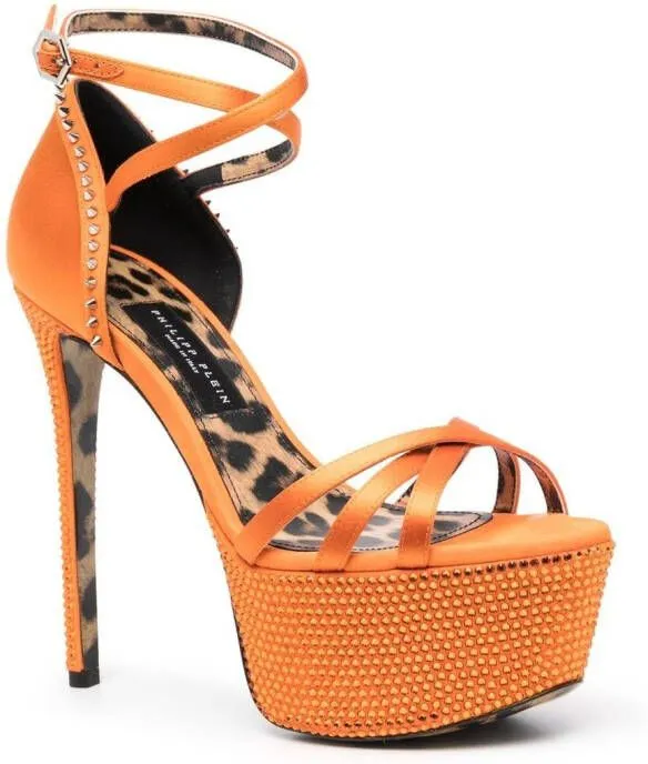 Philipp Plein embellished satin platform sandals Orange