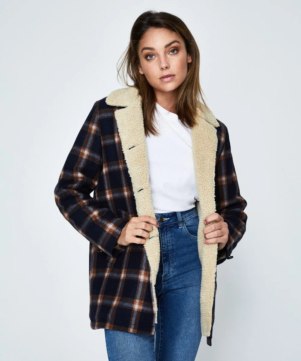 Rollas Sherpa Coat Navy/brown Check