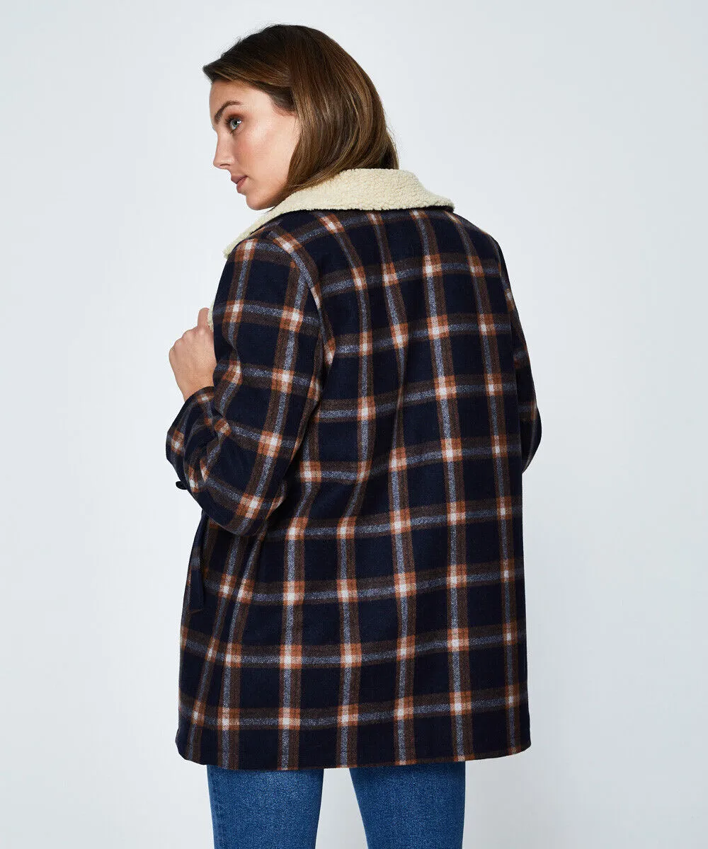 Rollas Sherpa Coat Navy/brown Check