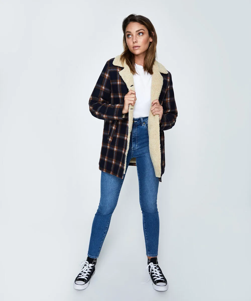 Rollas Sherpa Coat Navy/brown Check