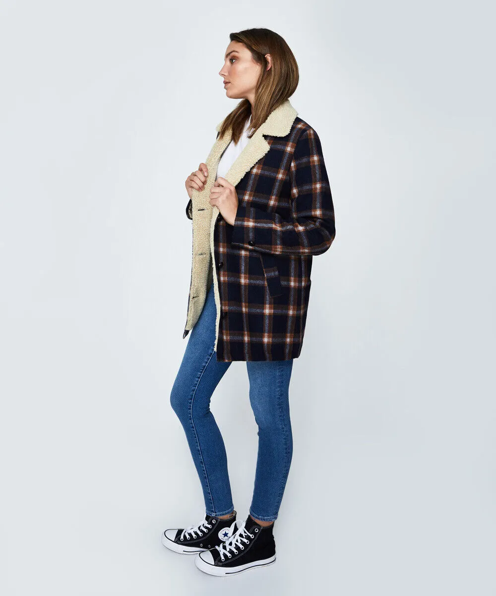 Rollas Sherpa Coat Navy/brown Check