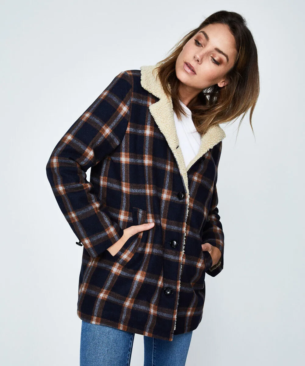 Rollas Sherpa Coat Navy/brown Check