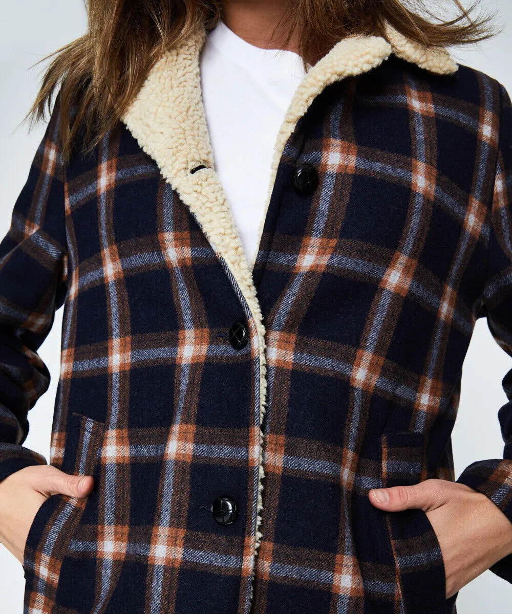 Rollas Sherpa Coat Navy/brown Check