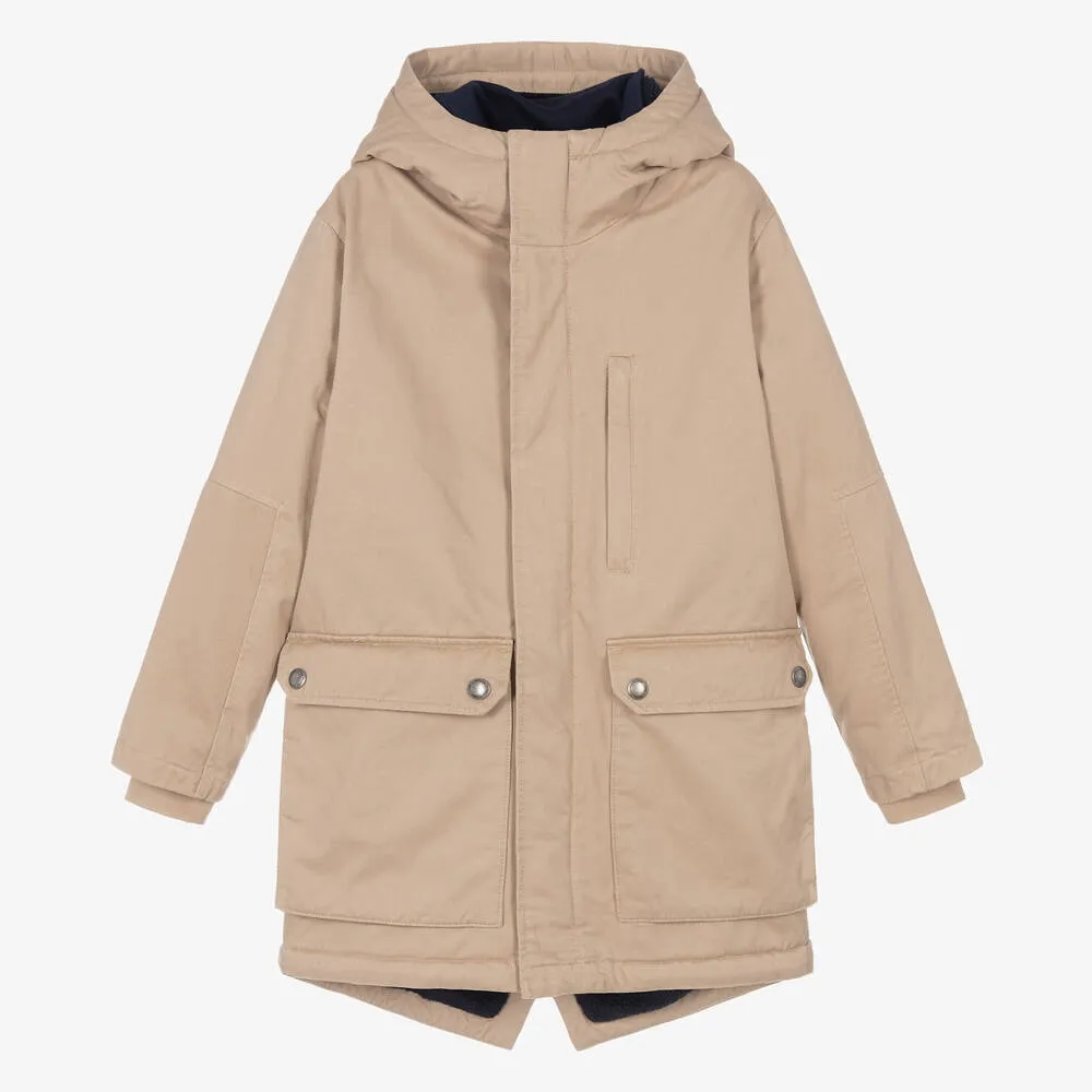 Teen Boys Beige Hooded Parka Coat