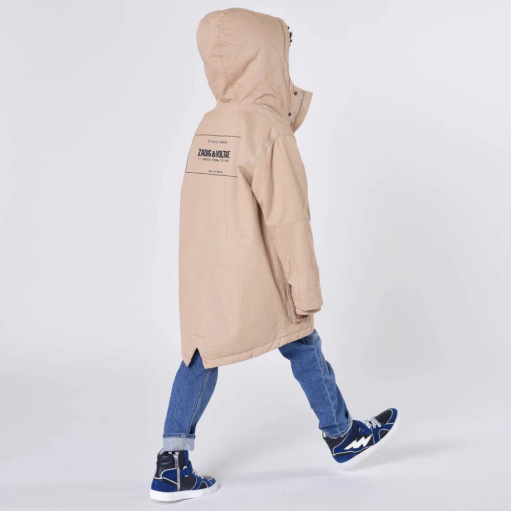 Teen Boys Beige Hooded Parka Coat