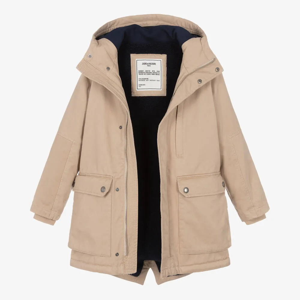 Teen Boys Beige Hooded Parka Coat